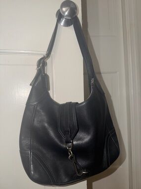 Coach Hampton Hobo Black Leather Shoulder Bag with Silver Hardware
